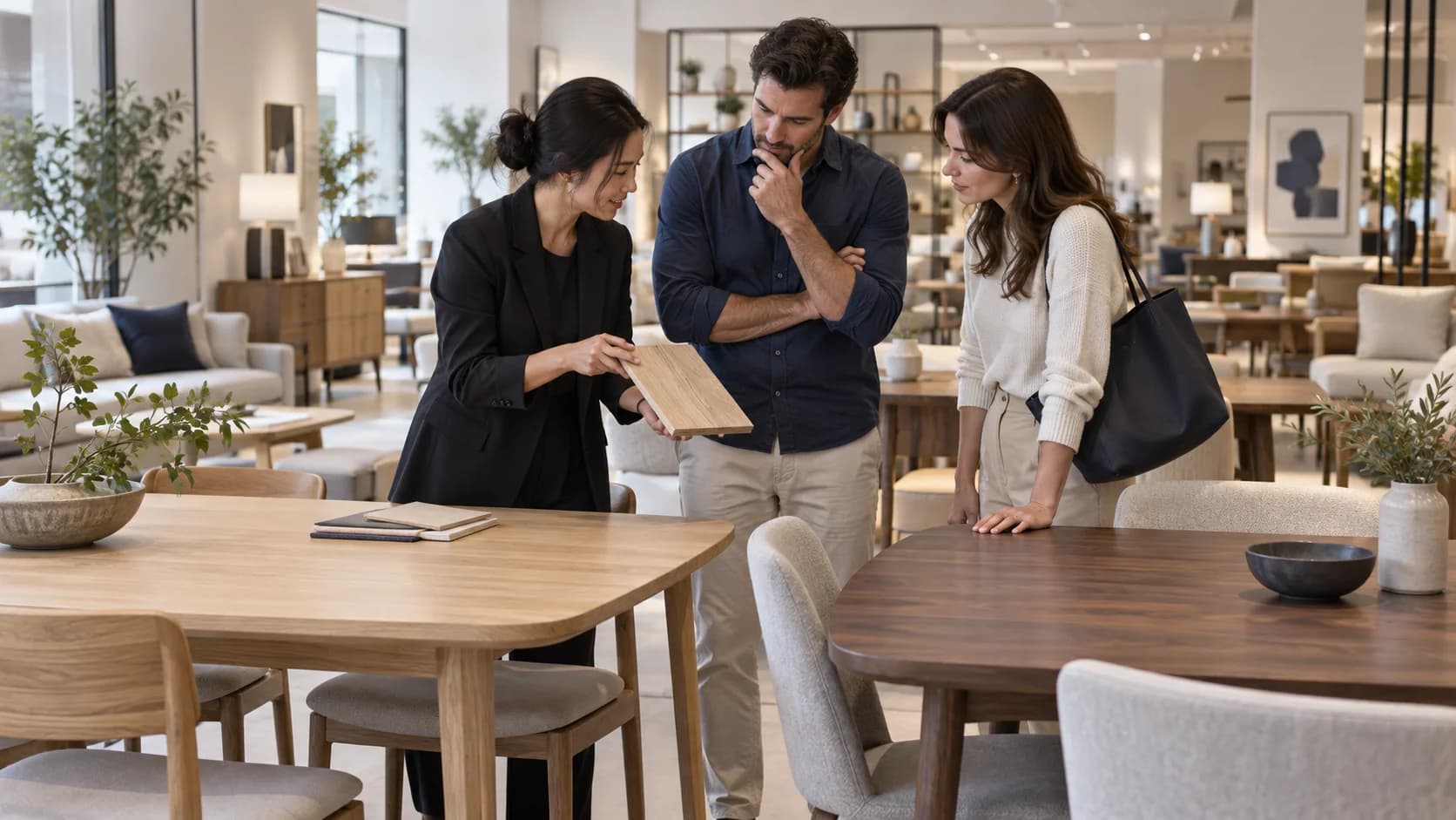 Comparing dining tables during a showroom visit