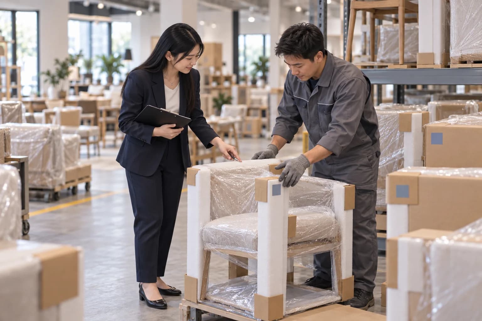 Illustrative packing review in a shared logistics area