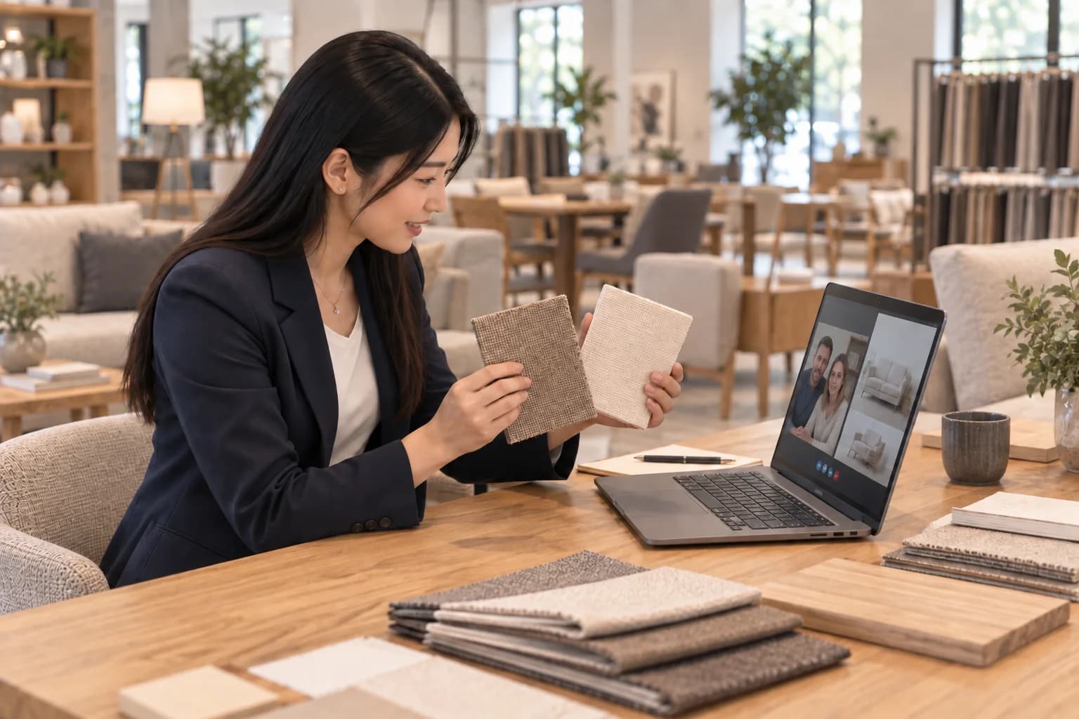 Discussing fabric options with an overseas couple remotely