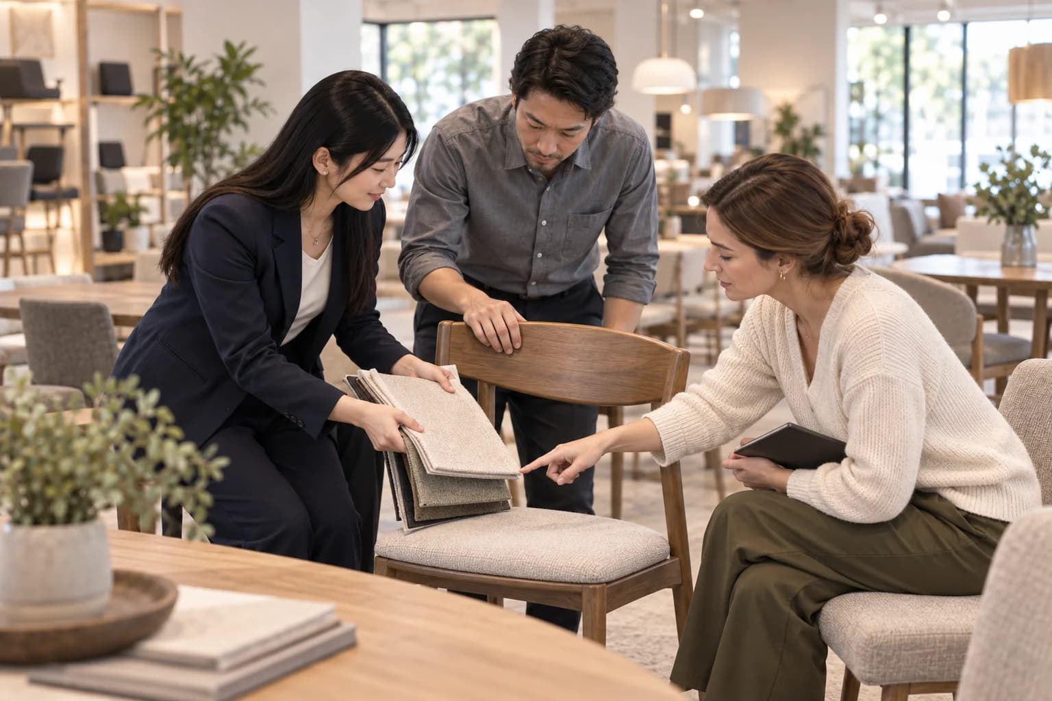 Discussing furniture requirements with samples