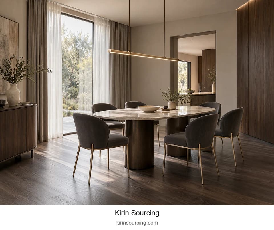 A pale oval tabletop stands out against dark rounded chairs and paired dark bases. A slender warm-metal pendant follows the table length without adding a bulky shade.