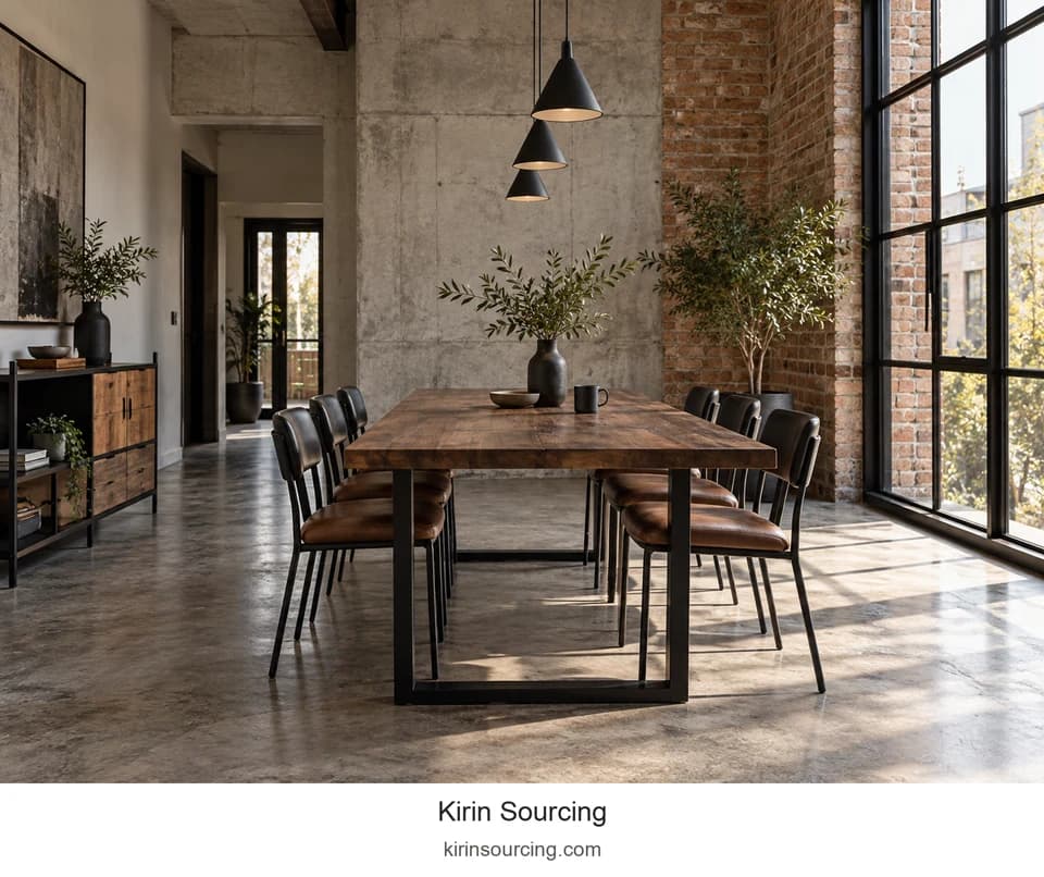 A broad wood-grain table, dark frames and three cone pendants create a clear dining group against brick and gray surfaces.