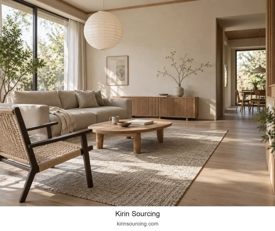 A pale sofa and open woven chair balance soft volume with lighter structure. The low oval table connects them, and the doorway keeps the living area linked to the dining room.
