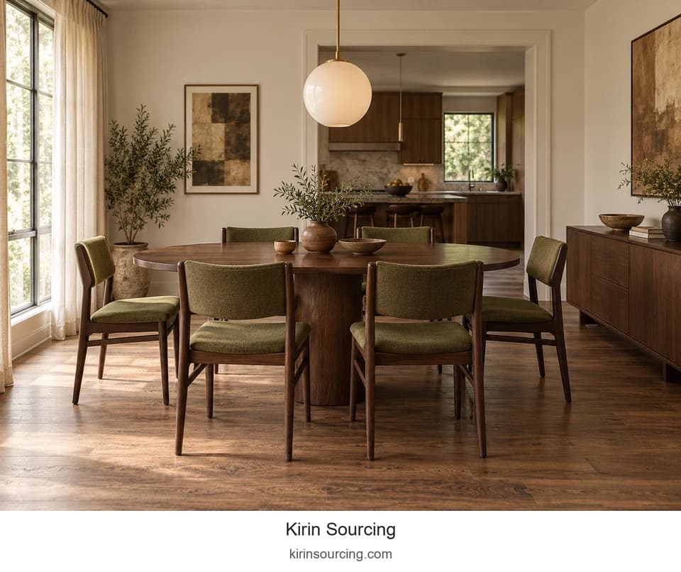 Olive upholstered seats bring a concentrated color to the warm wood dining group. The oval table and white globe pendant repeat rounded forms at different scales.