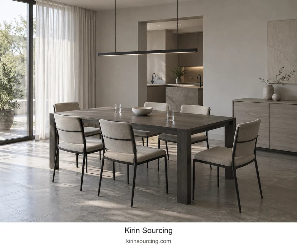 A long dark table and slim black pendant repeat a horizontal line. Pale upholstered chairs soften the table edge, while low storage keeps the wall calm.