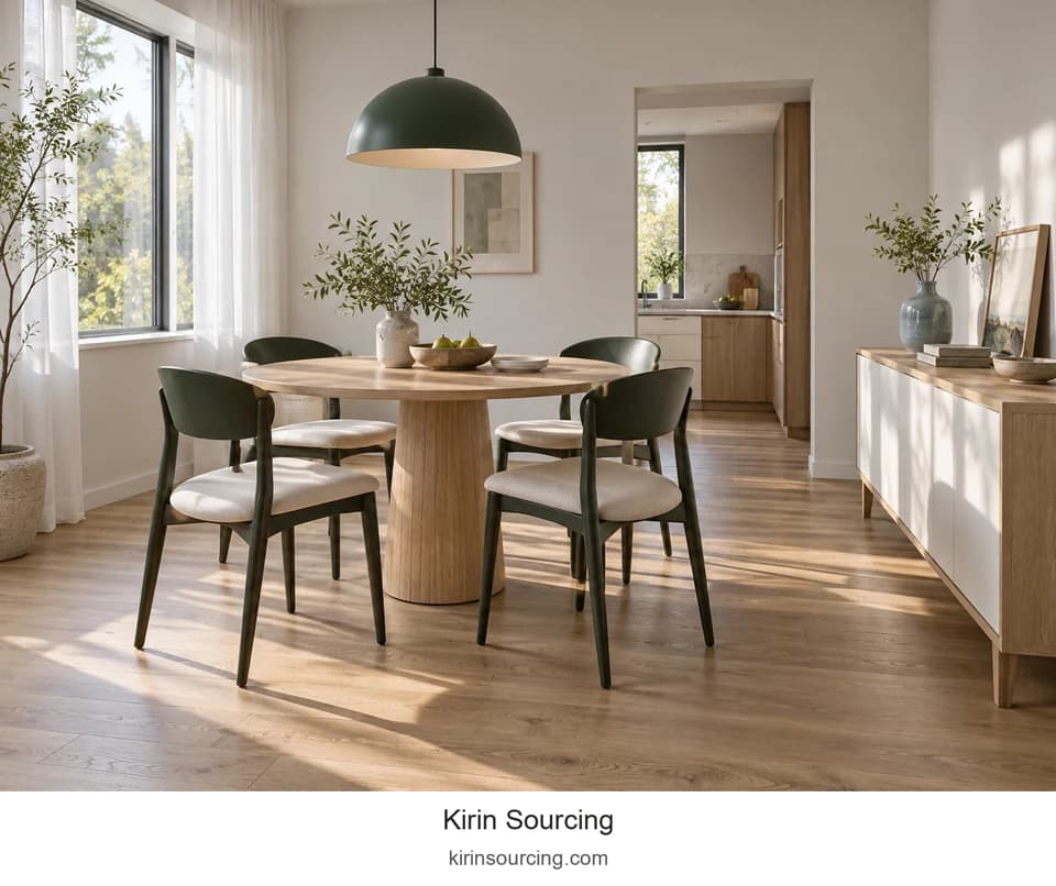 Four green-backed chairs gather around a pale round table, with a green dome pendant repeating the curved shape.
