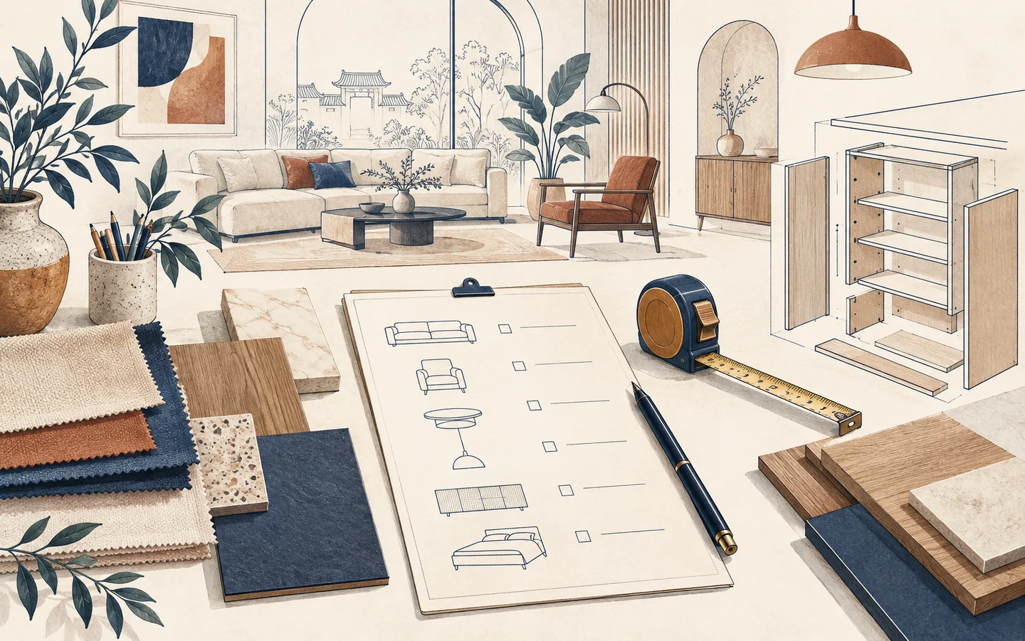 Editorial illustration of a room list, measurements and material samples