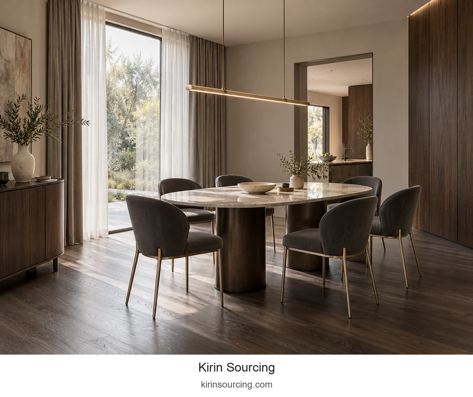 A pale oval tabletop stands out against dark rounded chairs and paired dark bases. A slender warm-metal pendant follows the table length without adding a bulky shade.
