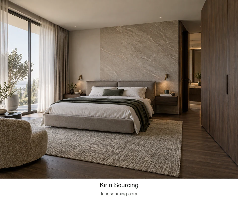 A gray upholstered bed carries a smaller green textile accent. Pale rounded seating softens the dark wardrobe and bedside grain, while the patterned head wall frames the bed.