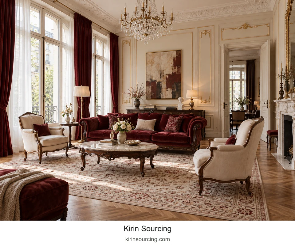 Burgundy seating and curtains frame a lighter center of cream armchairs, a pale tabletop and a patterned rug. Carved outlines repeat through the furniture.