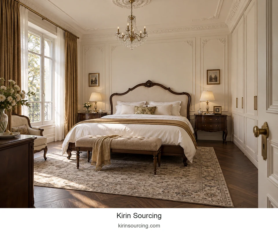 A carved bed frame anchors pale bedding, with a patterned rug and bedside lamps adding softer layers.