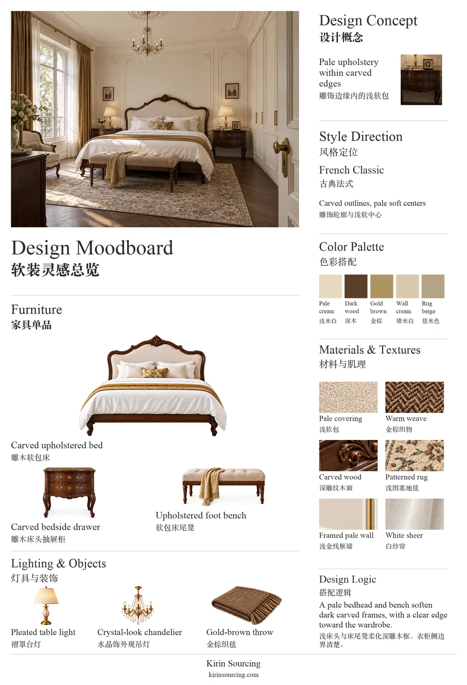 French Classic Bedroom: furniture, texture and color moodboard.