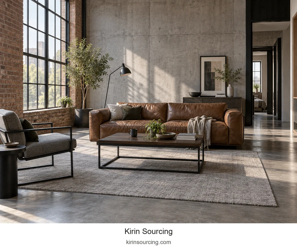 Warm brown seating softens gray walls and dark frames, while a pale rug connects the sofa, chair and low table.