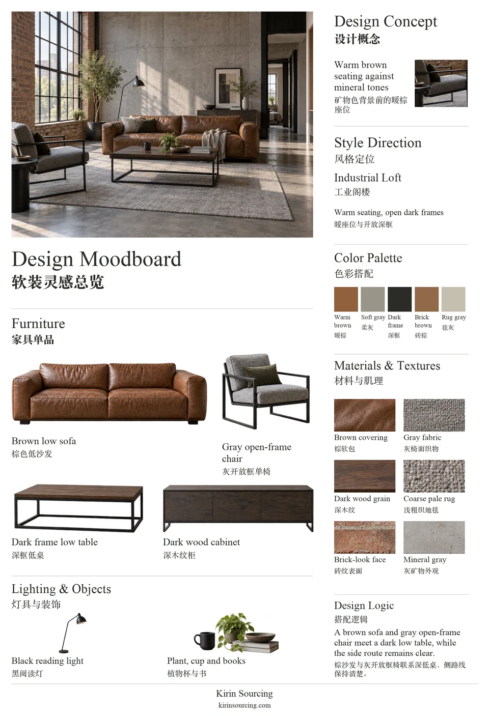 Industrial Loft Living Room: furniture, texture and color moodboard.