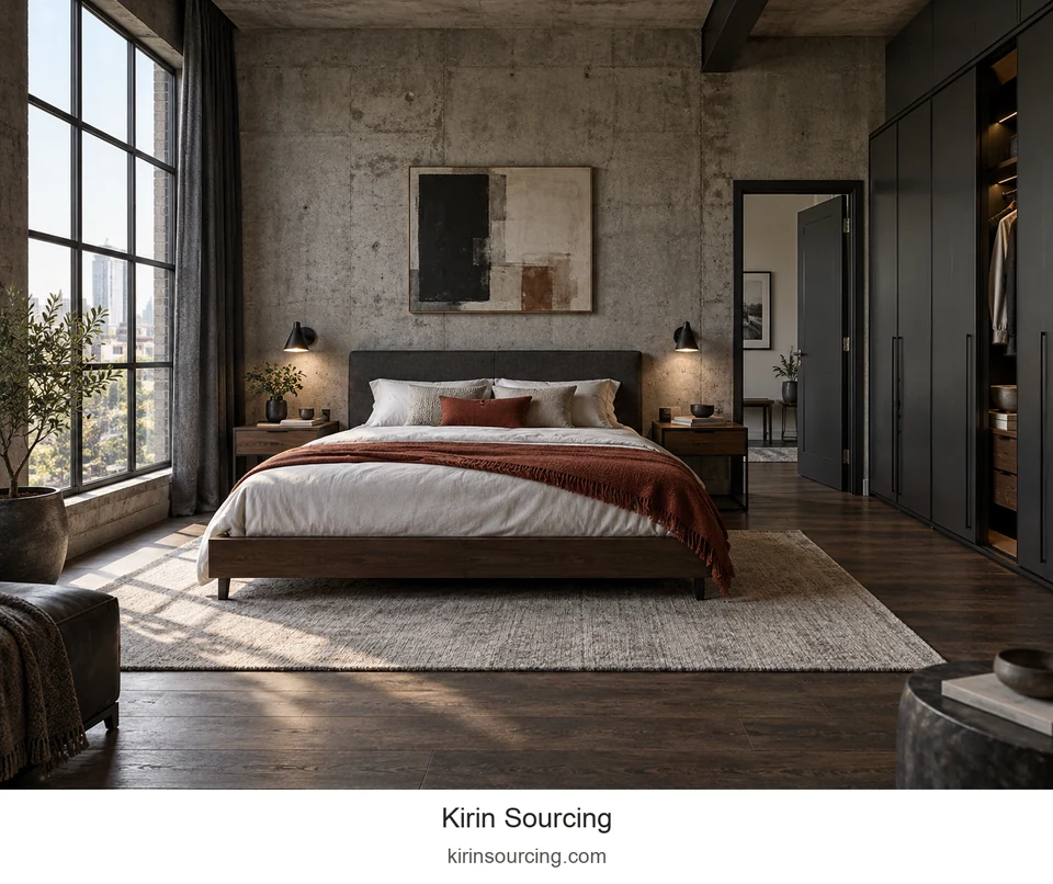 Rust-colored textiles warm the gray headboard and darker furniture, balanced by pale bedding and a textured rug.