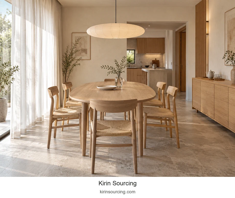 A pale oval table, woven seats and a broad shallow pendant repeat soft curves. Open chair backs keep the dining group light against the warm wood surfaces.