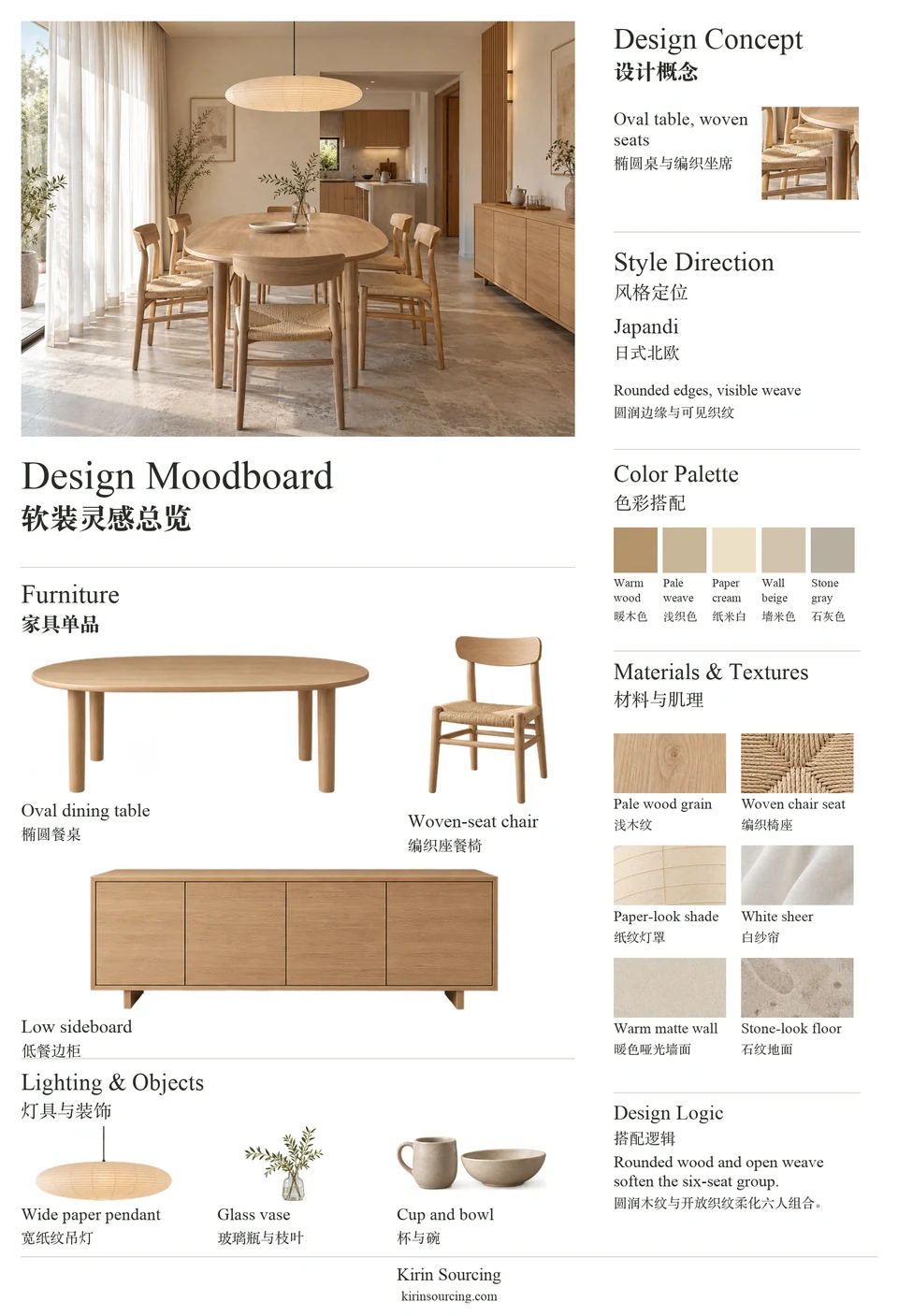 Japandi Dining Room: furniture, texture and color moodboard.