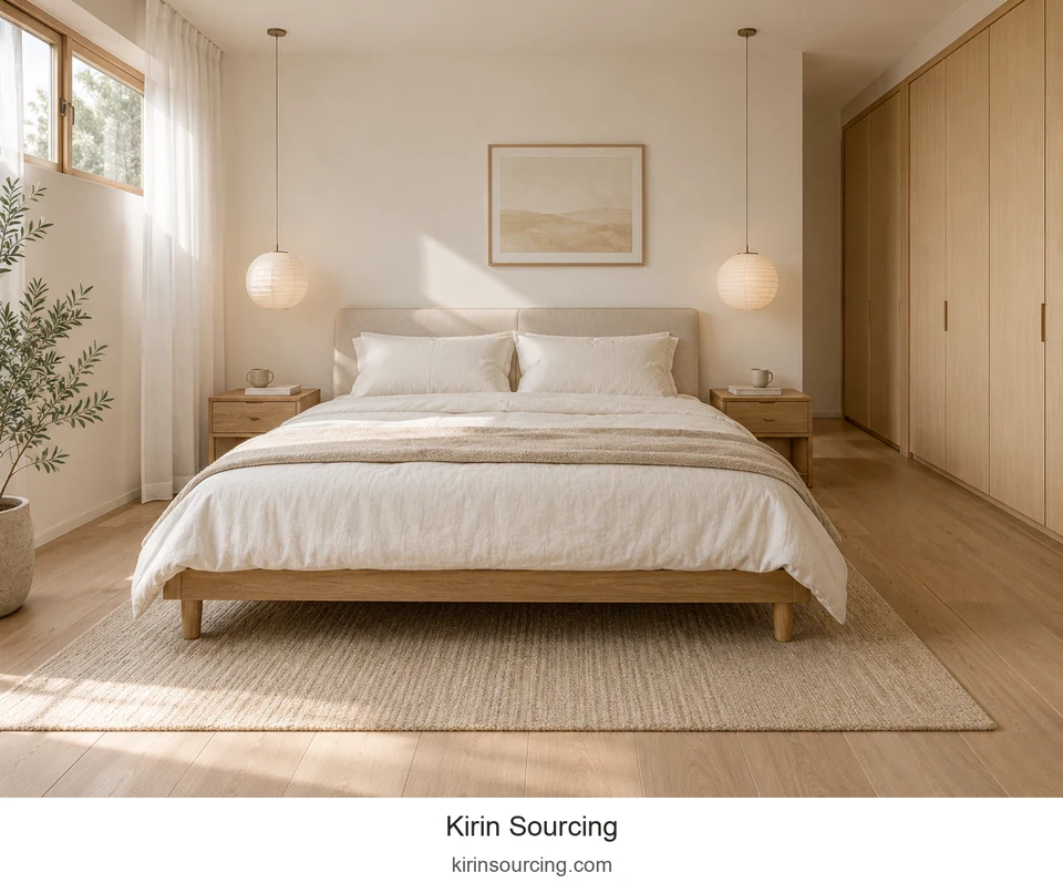 Pale bedding softens the wood bed frame, bedside units and wardrobe. Paired globe pendants and a woven rug keep the room balanced and calm.