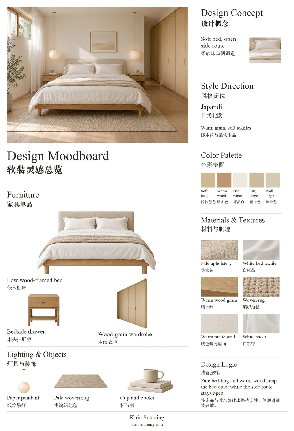 Japandi Bedroom: furniture, texture and color moodboard.