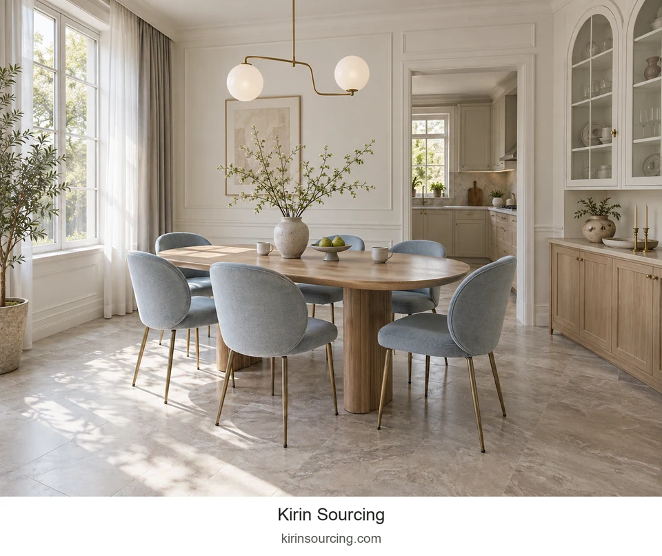 Blue-gray chairs soften a pale oval table, while paired globe lights echo the rounded furniture outlines.