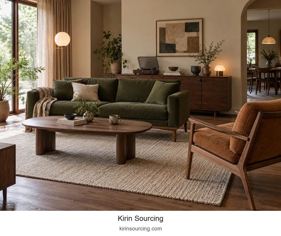 An olive sofa sets the main color, with a smaller caramel chair adding warmth. A low oval table and pale rug connect the seating against darker storage.