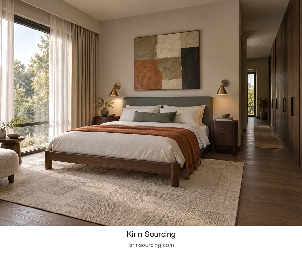 A rust-colored throw adds warmth to pale bedding, dark wood and a quiet upholstered headboard.