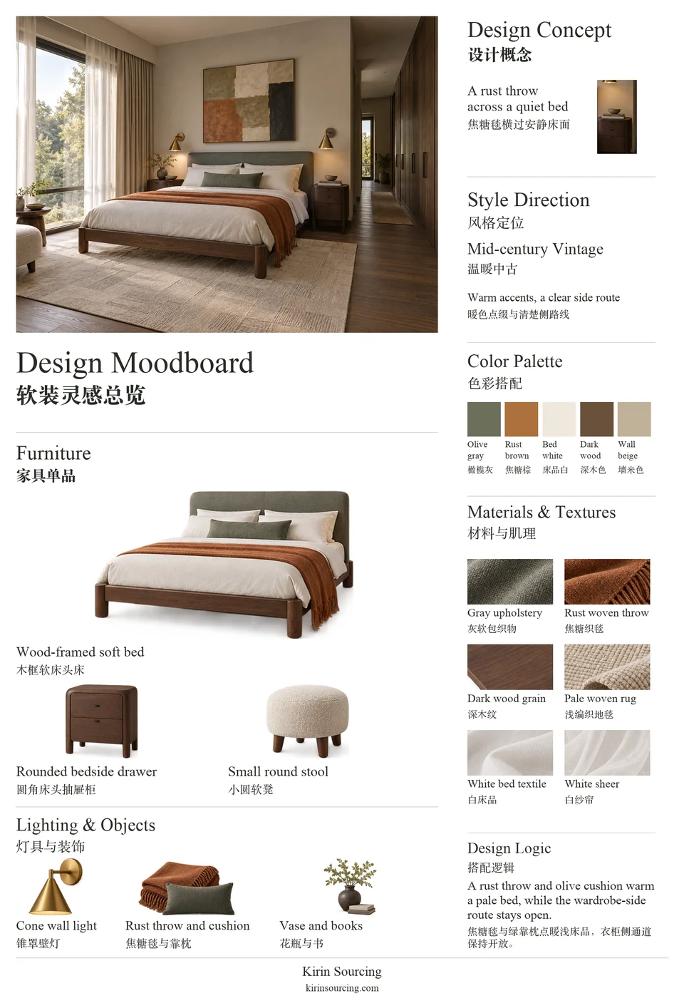 Mid-Century Bedroom: furniture, texture and color moodboard.