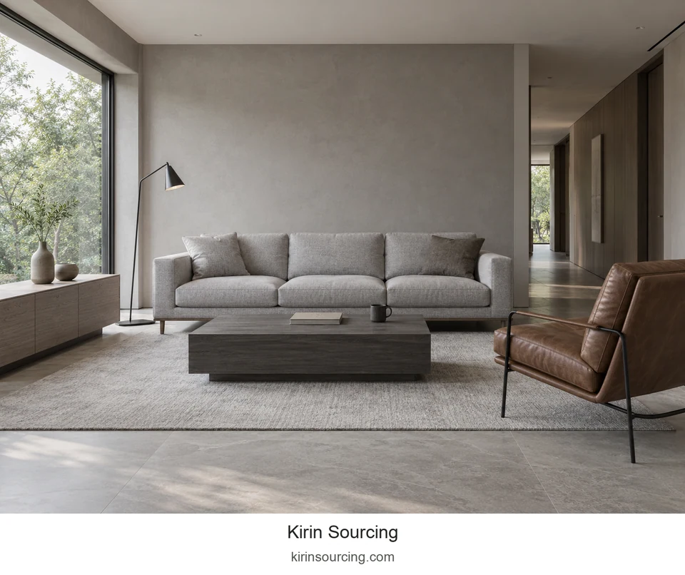 A broad gray sofa anchors the room. One tobacco-brown chair adds warmth, while a low dark table and pale rug bring the seating together.