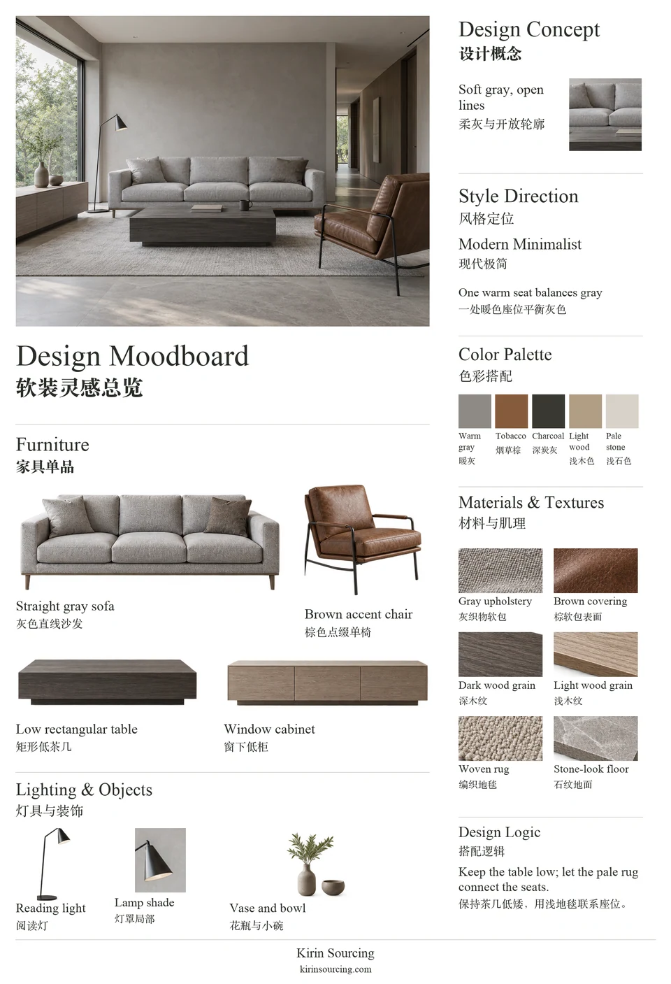 Modern Minimalist Living Room: furniture, texture and color moodboard.