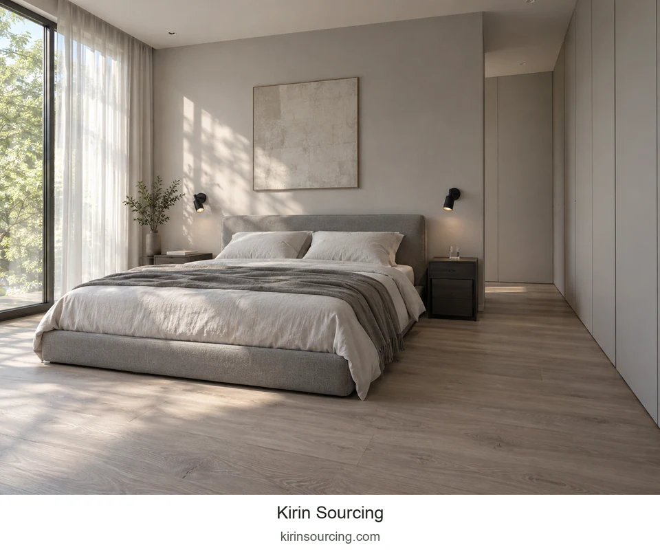 A low gray bed and white bedding keep the room quiet. Compact dark bedside units add contrast, while the wardrobe side remains open for daily use.