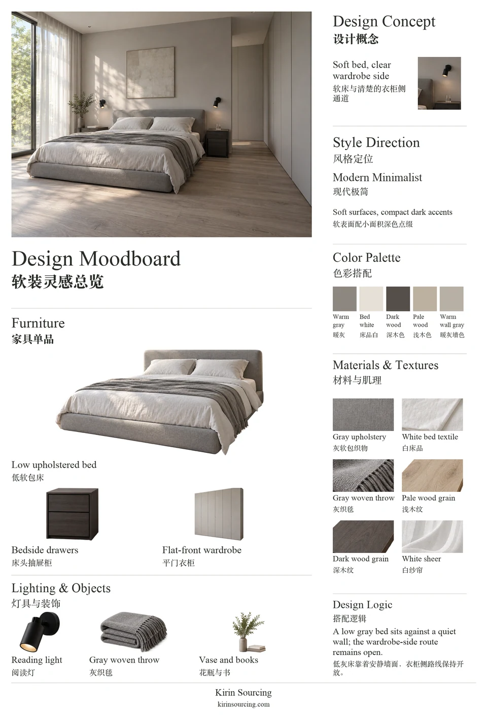 Modern Minimalist Bedroom: furniture, texture and color moodboard.