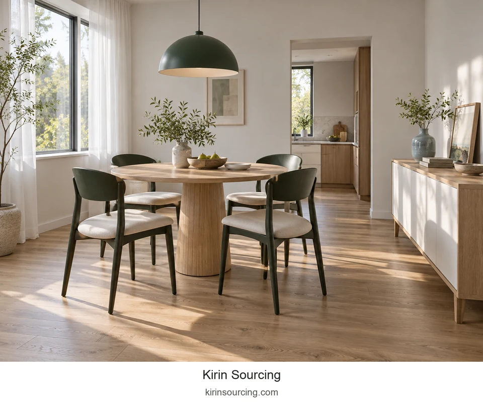 Four green-backed chairs gather around a pale round table, with a green dome pendant repeating the curved shape.