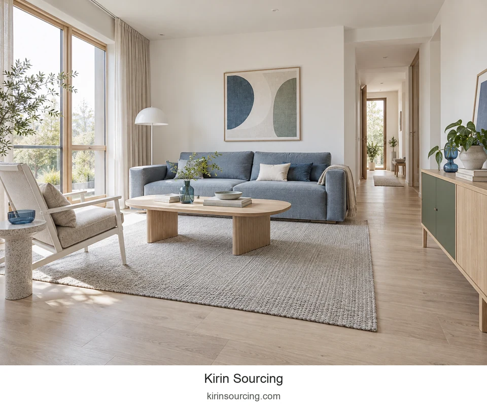 A blue sofa brings color to pale wood, an open-frame chair and a soft rug, with green storage adding a quieter accent.
