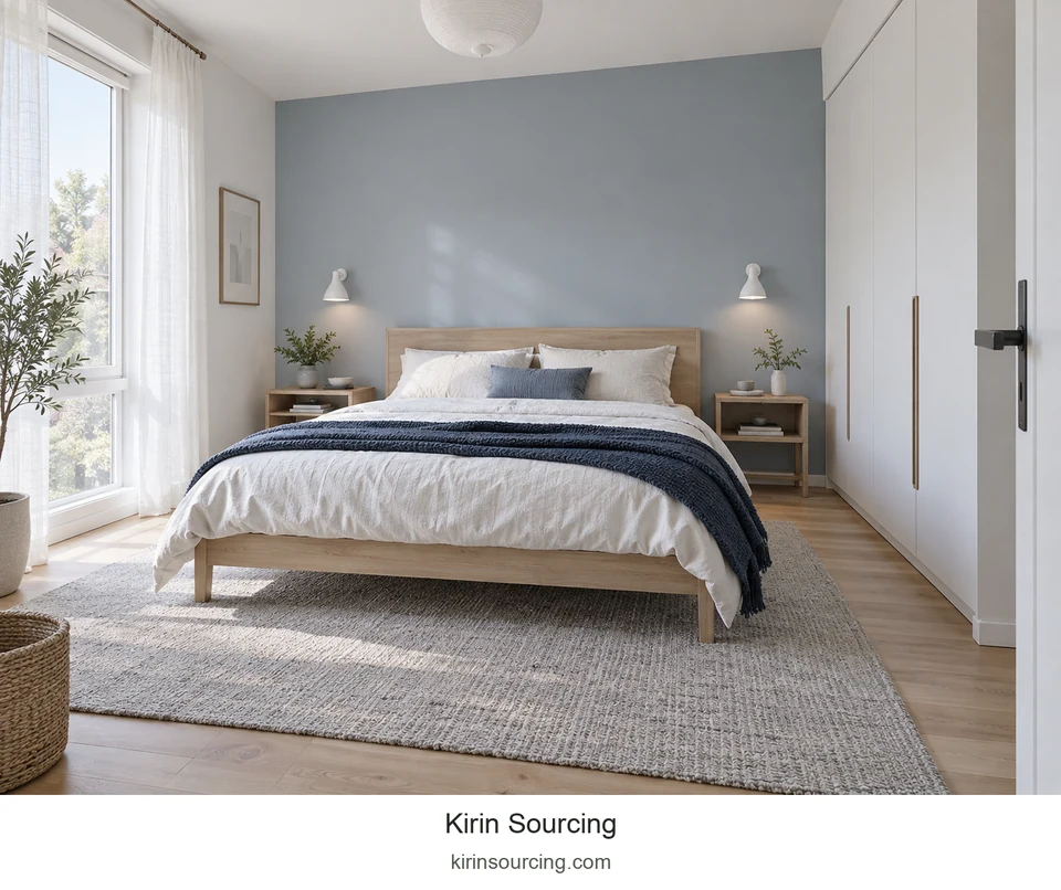 A blue-gray wall and deep blue throw frame white bedding, while pale wood and open bedside storage keep the room light.