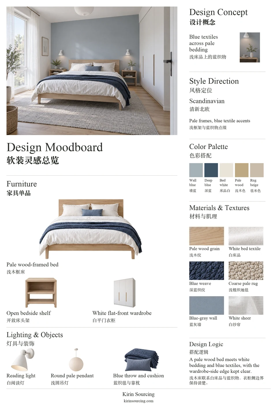 New Nordic Bedroom: furniture, texture and color moodboard.
